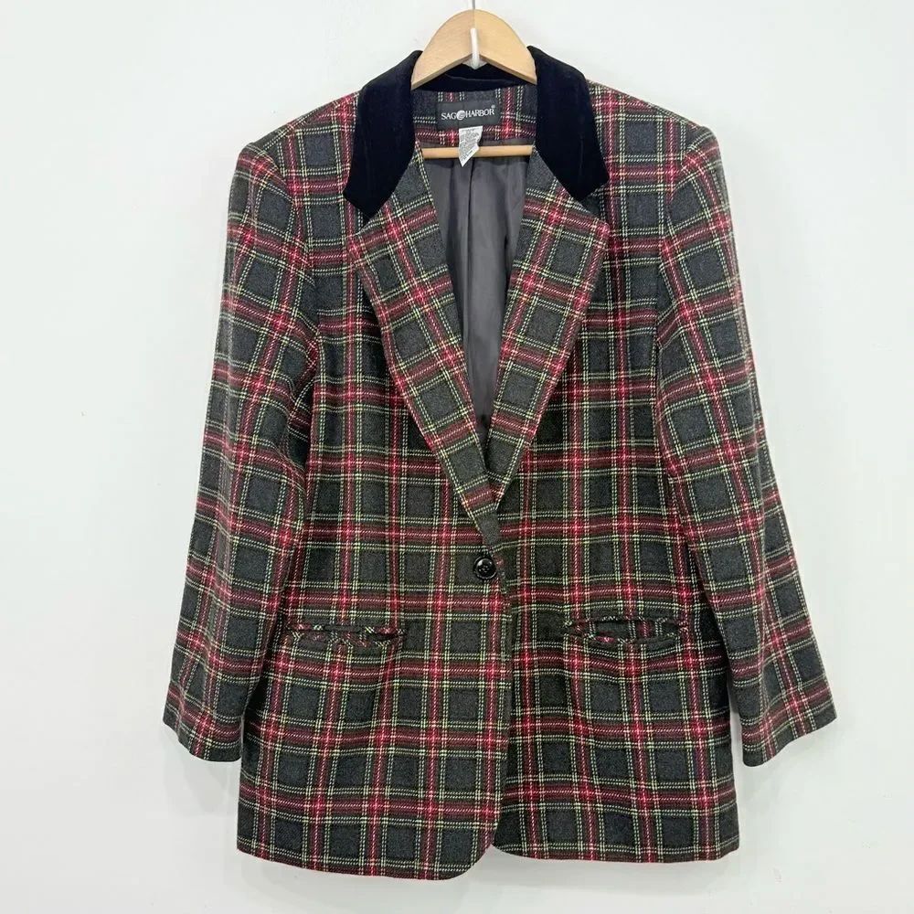 Sag Harbor Gray Red Wool Plaid Velvet Collar Retro Equestrian Winter Blazer